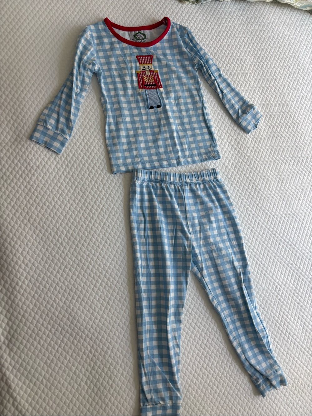 Cecil and Lou Blue Gingham Nutcracker Kids Pajama Set with Red Trim